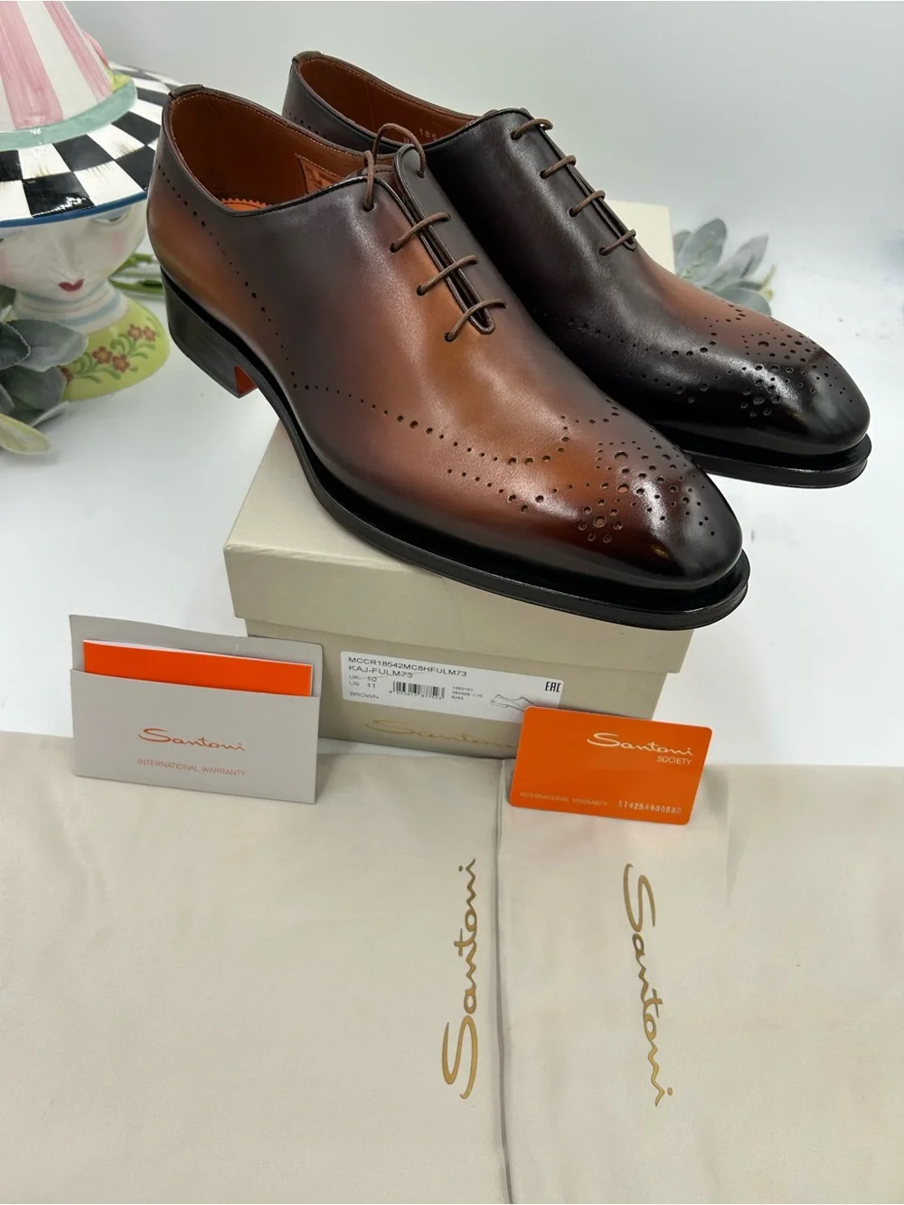 Men's Santoni gradient Brown Burnished Leather Oxford Dress Shoes size 11 US